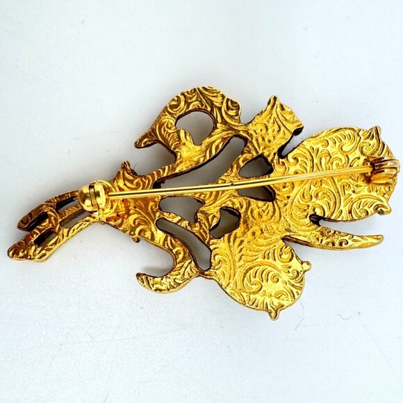 Floral Bouquet Brooch Amber Jade Glass Cabochons Gold Tone Rhinestone Flower Vtg - Picture 5 of 10